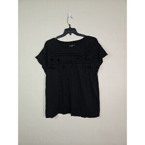 Ann Taylor LOFT Top 16 18 Black Crochet Tassel Fringe Soft Tee Cotton Short slee